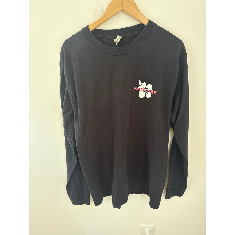 Trader Joe's Long Sleeve Graphic T-Shirt Black Hibiscus Logo Mens Large Cotton
